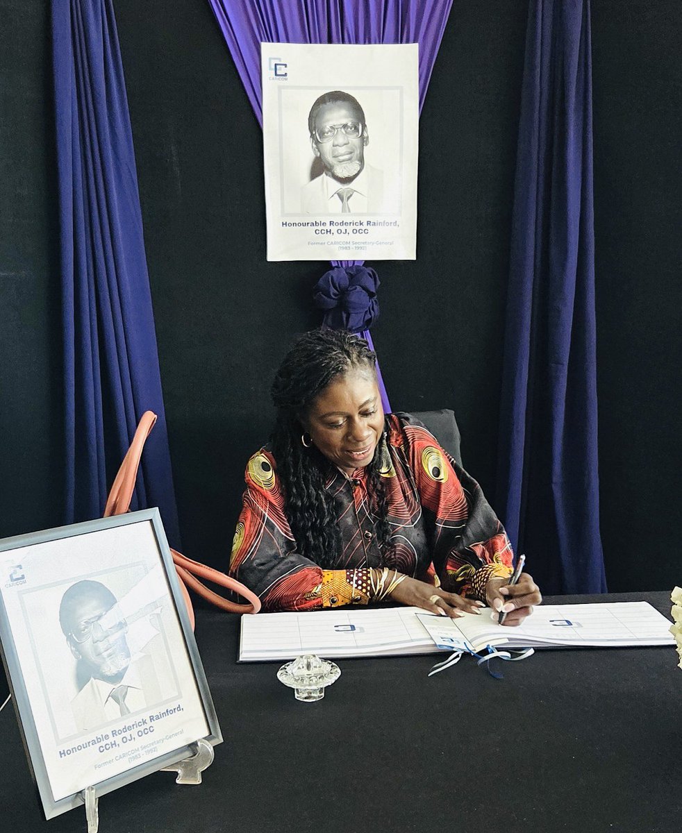 kimevadickson's tweet photo. 💼 Today I signed the book of condolences in honor of Hon Roderick Rainford who passed away on 4 April. He served as SG of CARICOM (1983–1992).
His tenure was marked by commitment to strengthening Caribbean integration and cooperation. His vision and leadership remain. RIP https://t.co/owp7pooIEP