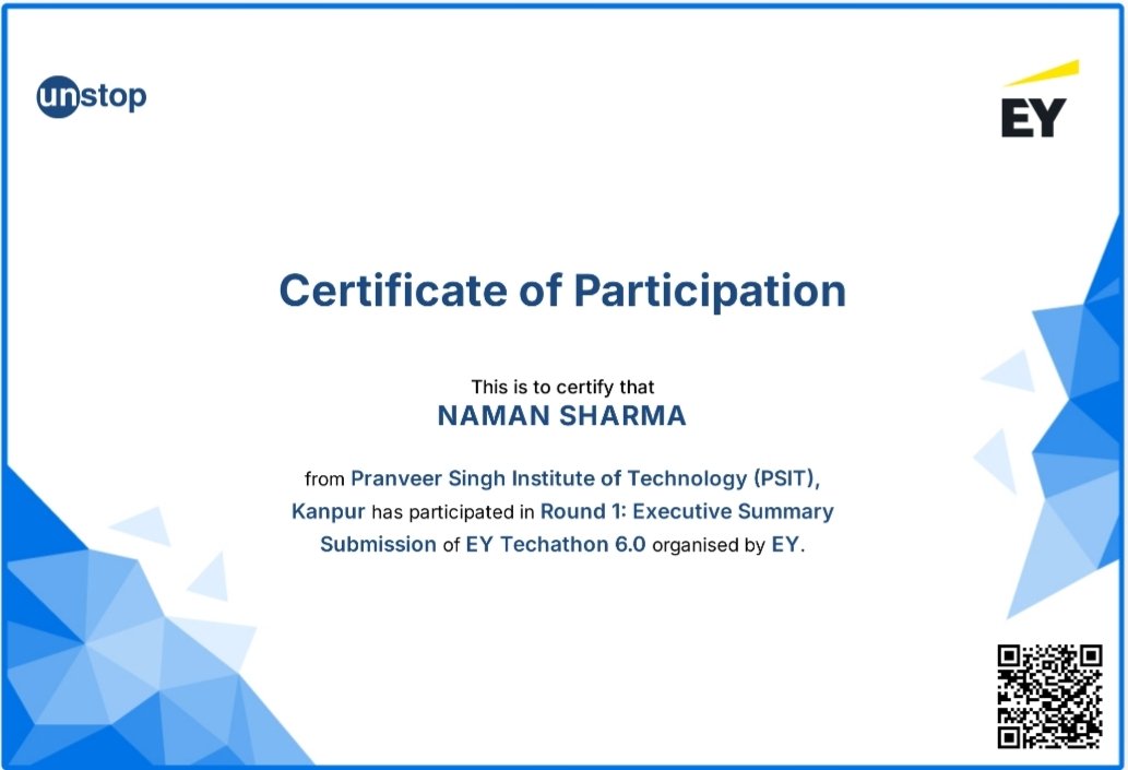 NamanSharma1890's tweet photo. Received my Certificate of Participation for EY Techathon 6.0 by @EY_India. Didn’t make it to the next rounds, but gained valuable learning and real-world problem-solving experience. Grateful for the journey and growth!
#EYTechathon #Learning #Growth https://t.co/IbE7iauDDP