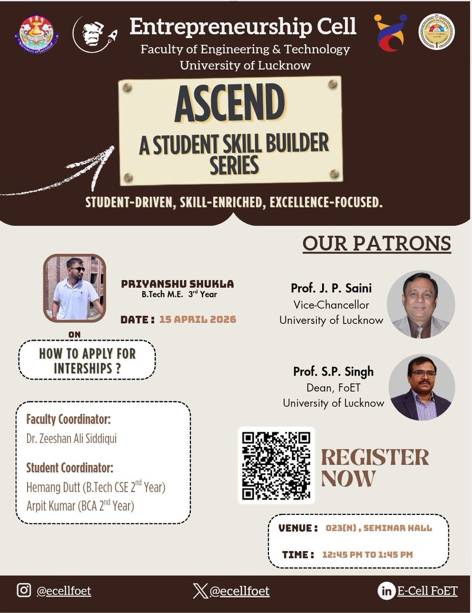 csefoetlkouniv's tweet photo. 🚀 ASCEND — Student Skill Builder Series
Internship season is near! Get ready to apply effectively and stand out.
🎯 Learn internship strategies
👤 Speaker: Priyanshu Shukla
📅 15 April | 🕛 12:30 PM
🏢 FoET, UoL
Register now
Don’t miss this chance to learn, grow, and ASCEND! 🌟 https://t.co/a94KrY41lt