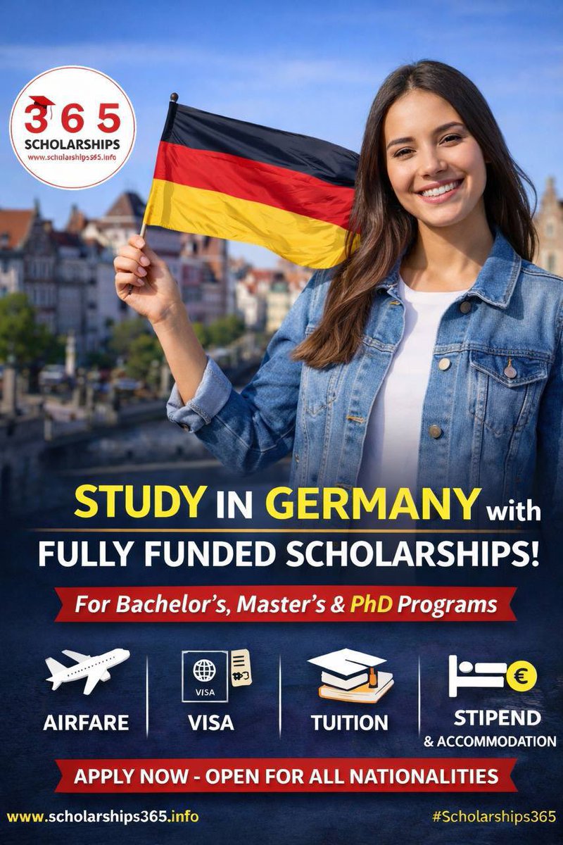 scholarship_365's tweet image. #Germany Scholarships to Study in Germany for Undergraduate, Masters &amp;amp; PhD for World Students in top German universities!

No Agent - Direct Apply

👉 Apply Link: scholarships365.info/scholarships-t…

👉 Degree: Undergraduate, Masters &amp;amp; PhD!

Benefits: Fully Funded
1) Airfare
2) Visa
3)