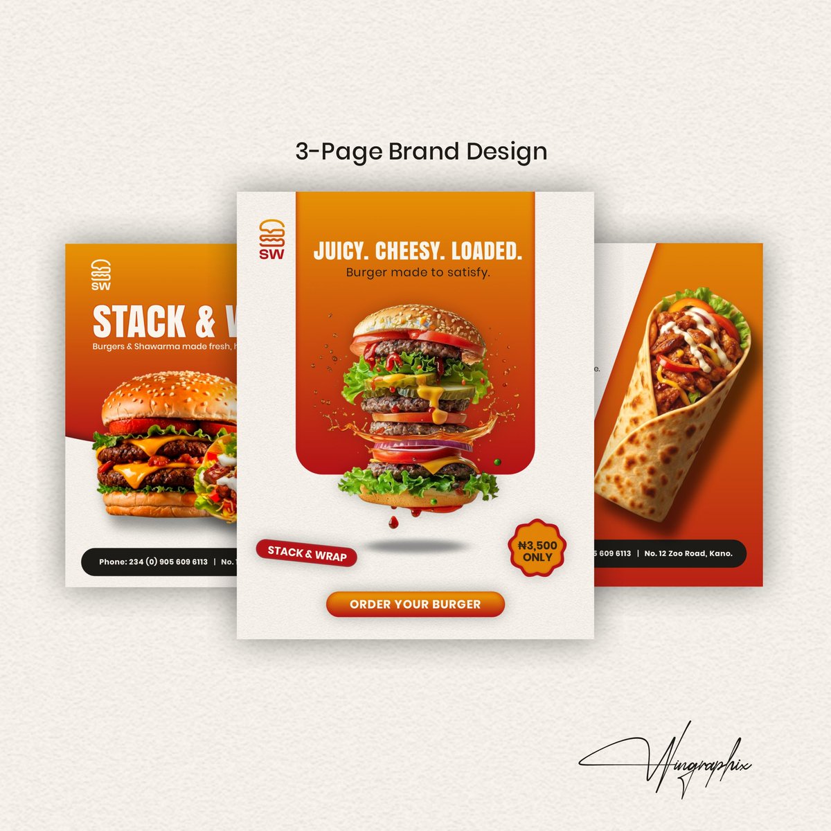 WinGraphix's tweet photo. Stack &amp; Wrap
A 3-page promotional design created to showcase a fast food brand through strong composition, minimal text, and high-impact product visuals.
Focused on clarity, appetite appeal, and conversion.
Creative direction by WinGraphix. https://t.co/zQiI2D7kHV