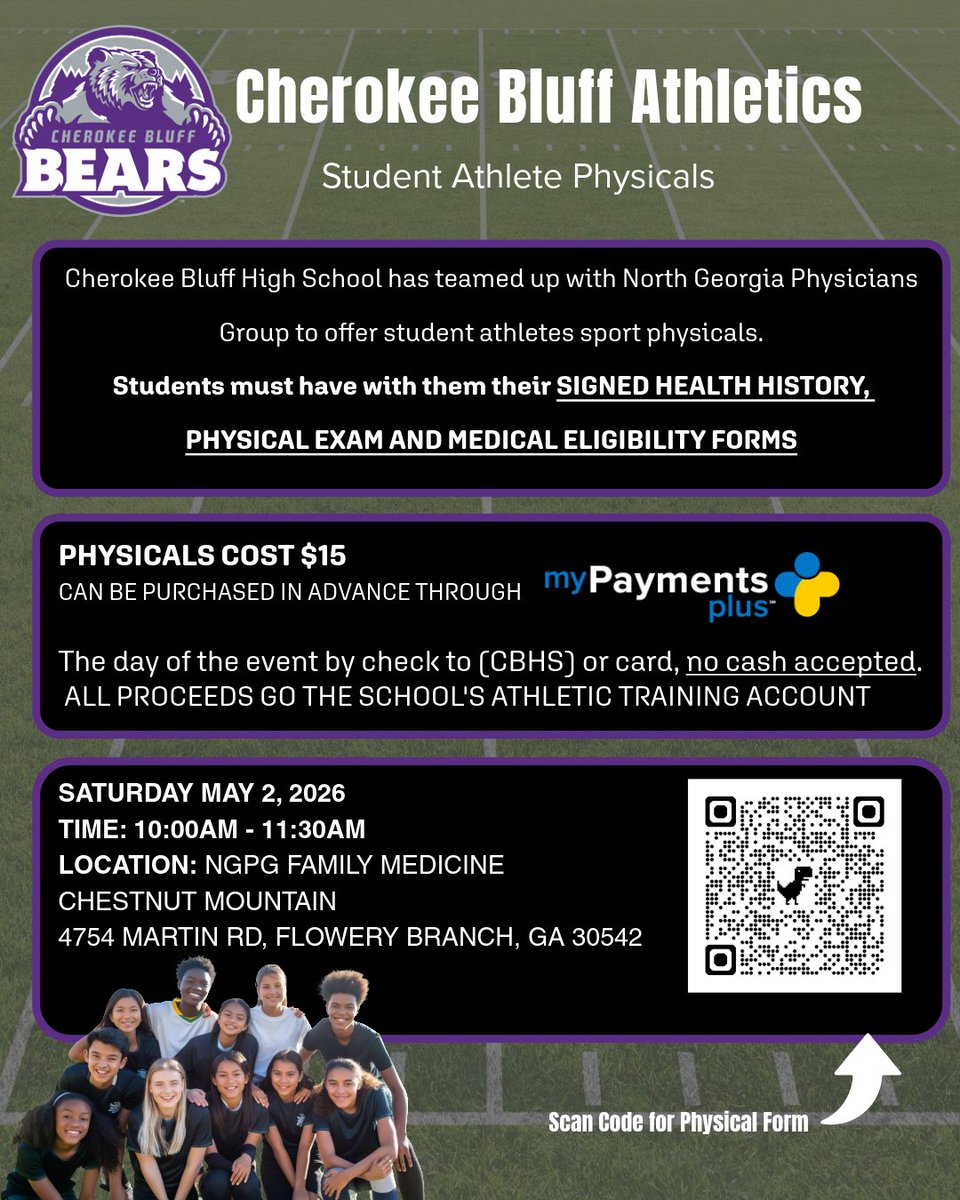 CBLUFFAD's tweet photo. NGPG Sports Physicals Day for Cherokee Bluff High School.  @HallcoCBHS @cbpurplereign @myNGPG https://t.co/DDOJ8Pqm3s