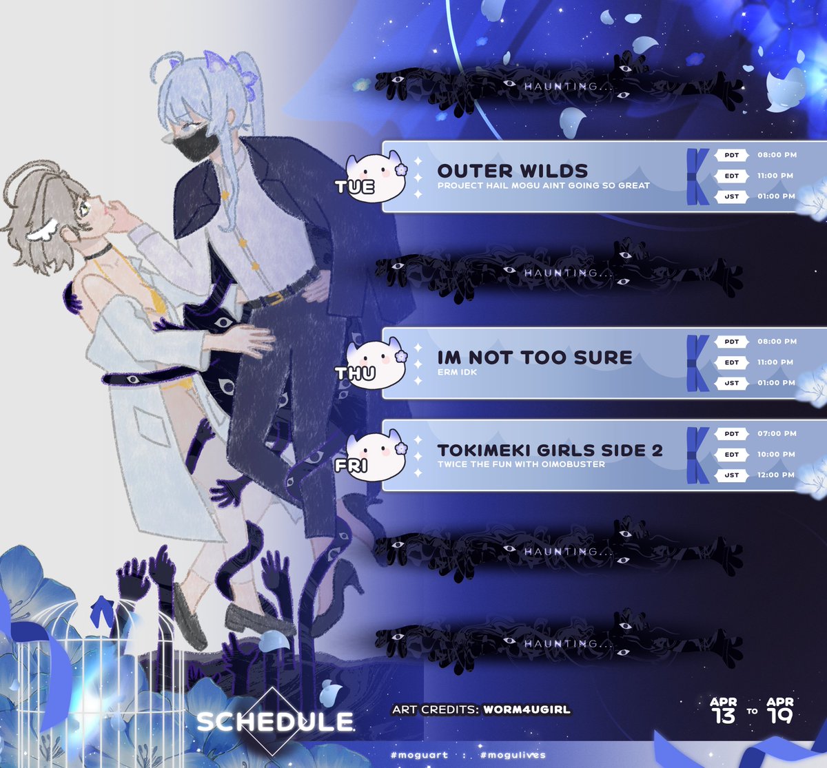 MoguGhost's tweet photo. ˗ˏˋ weekly schedule ˎˊ˗ ✦ apr 13 - 19
stream: https://t.co/4GIXbME7yX
yt: https://t.co/OVTFbdUmgM
VODs: https://t.co/CNlJt56utY
stream: #MoguLives
art: #MoguArt
clips: #MoguSighting
memes: #MogPosting
merch: #MoguRelics https://t.co/mMiNArv1Ai