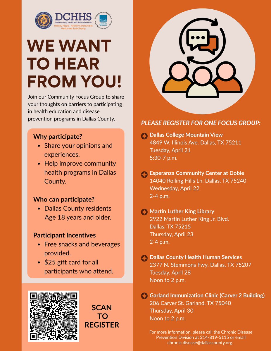 DCHHS's tweet image. We’re hosting a series of focus groups to hear directly from you!
Your feedback will help us build a healthier, more accessible community for everyone. Sign up here: bit.ly/47h9Cim

#focusgroup #community
