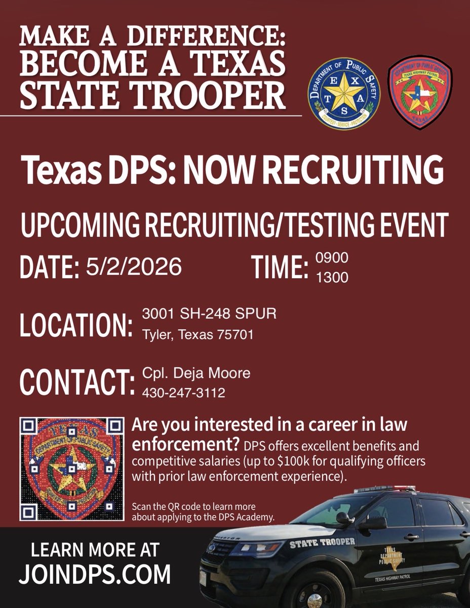 TxDPSNorth's tweet photo. OPEN TESTING DAY — NOW ACCEPTING SIGN-UPS
Interested in becoming a Texas State Trooper? Come out for our open fitness and written testing day.
See where you stand, ask questions, and take the first step toward joining the Texas DPS.
Sign up using the link below. https://t.co/t7eEFoWRNS