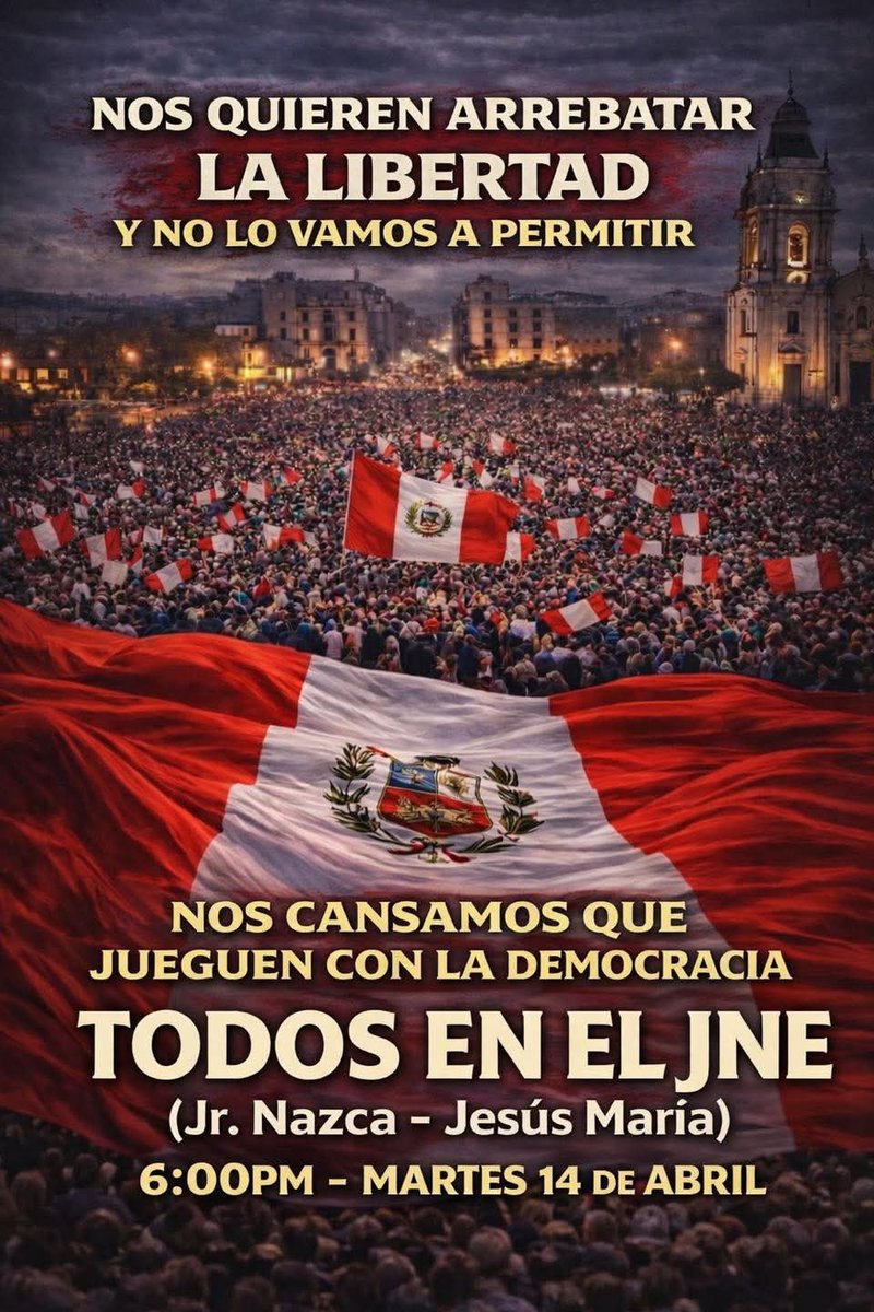 Frente al fraude organizado por el delincuente Piero Corvetto, las encuestadoras y la prensa mermelera, saldremos a las calles en defensa de nuestro voto, nos robaron las elecciones el 2021, ¡no permitiremos que pase lo mismo!.
¡Por nuestra libertad!...
¡Nos vemos patriotas! 🇵🇪