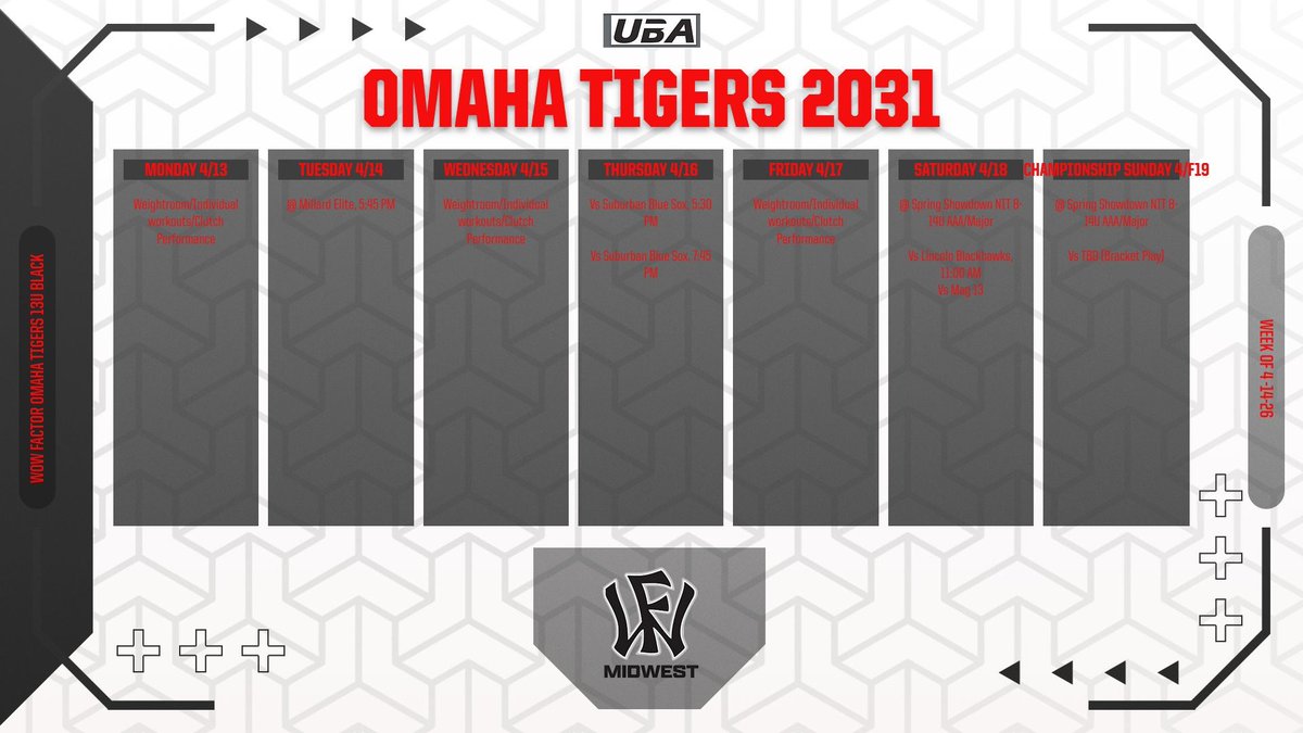 Busy week ahead!  Wouldn’t have it any other way.  <a href="/OMAHATIGERS/">Omaha Tigers Baseball Club, UBA</a> <a href="/ubanebraska/">Ultimate Baseball Academy</a> <a href="/WowMidwest2031/">Wow Factor Omaha 13U</a> <a href="/clutchuba/">Clutch Performance</a>