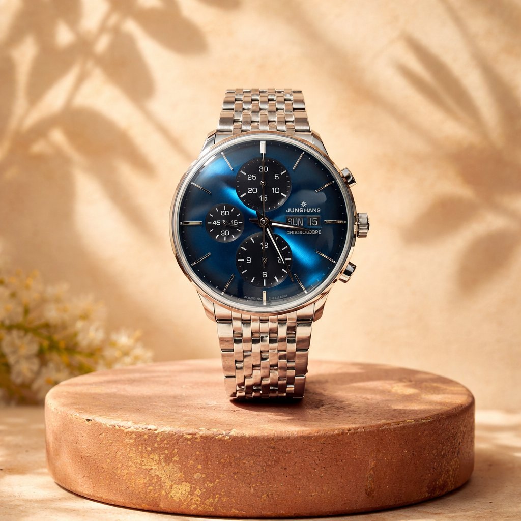 Meet the Junghans Meister Chronoscope — German precision wrapped in a petrol blue dial that shifts like deep water in sunlight. A chronograph that doesn't just track time, it commands attention.