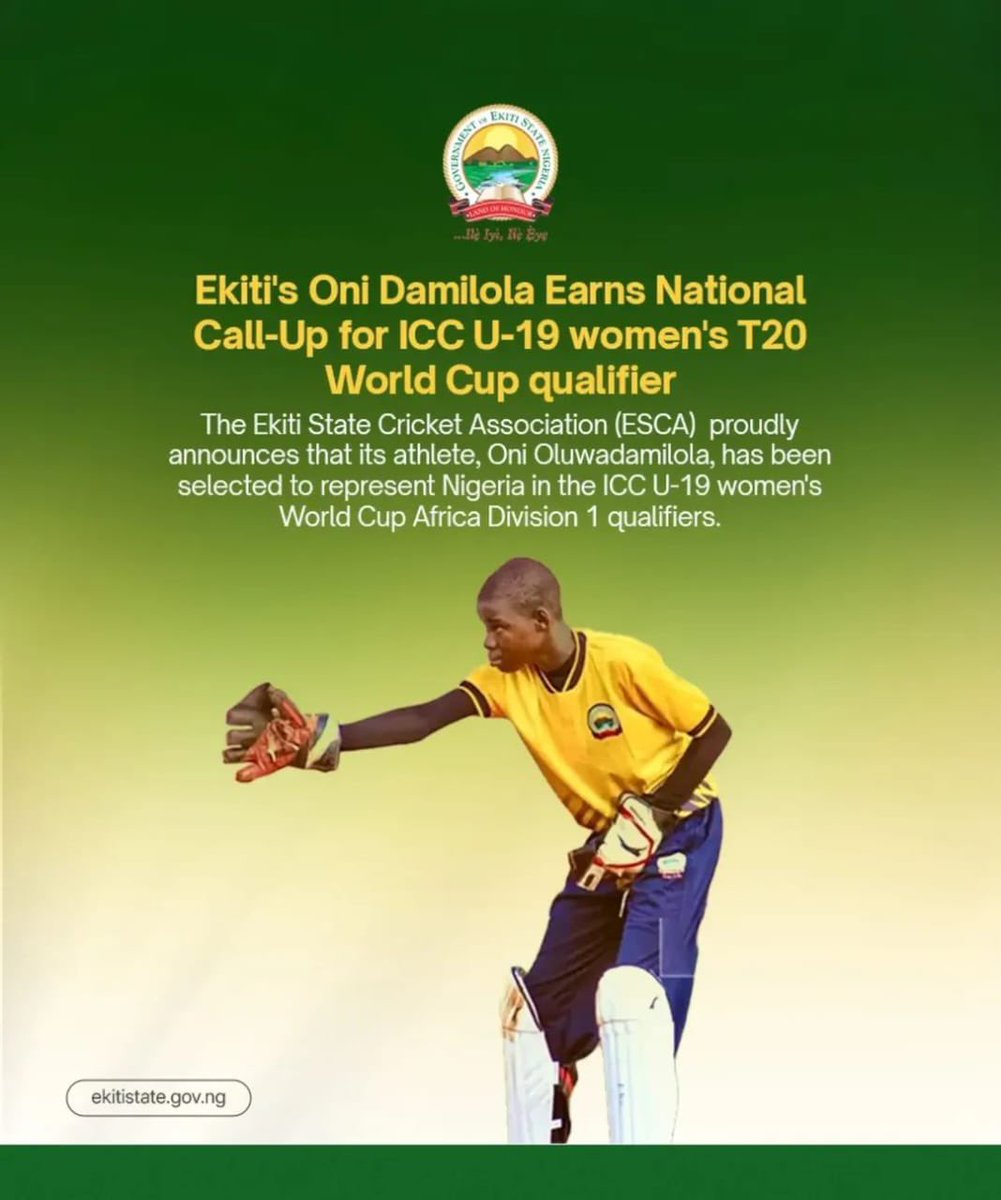 AO1379's tweet photo. As chair of the Ekiti State Cricket Association, I’m really proud of Oni Oluwadamilola, who’s been selected for Nigeria’s U-19 Women’s Cricket team for the ICC T20 World Cup Qualifiers. Good luck! https://t.co/Bn6kSgXuf0