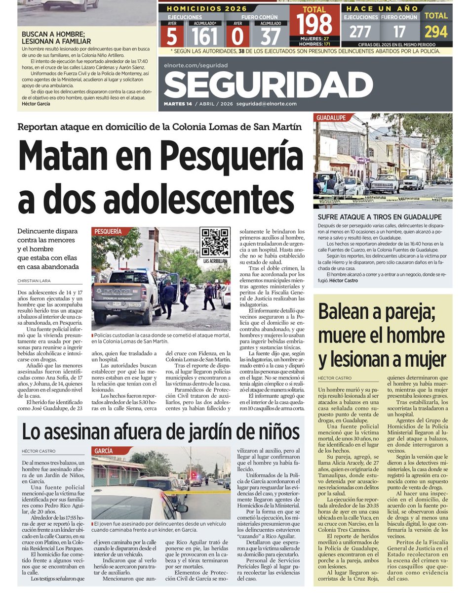 angelcharlsmty's tweet image. La jornada violenta que se vivió ayer en la entidad pone a #NL como líder en homicidios a nivel nacional con cinco casos. 
Adicional a la de #SPGG, también se reportaron ejecuciones en #Pesquería, #Gpe y #García. #ViolenciaNL 
elnorte.com/h1gS2n