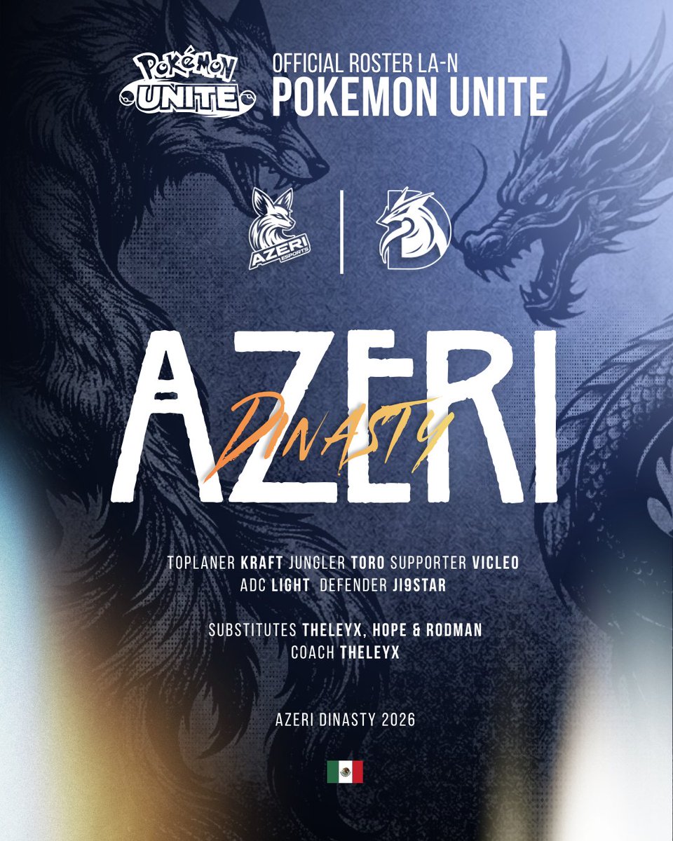 AzeriEsports's tweet photo. Desde lo más bajo hasta luchar por todo. Azeri Esports Kluba x Dinasty presenta su roster oficial LA-N de Pokémon Unite.

Más que un equipo, somos familia. Hambre, trabajo y ambición listos para el LCQ y cada copa extraoficial.

Esto apenas empieza.

#AzeriDinasty #PokemonUNITE https://t.co/qCcpaUgi9O