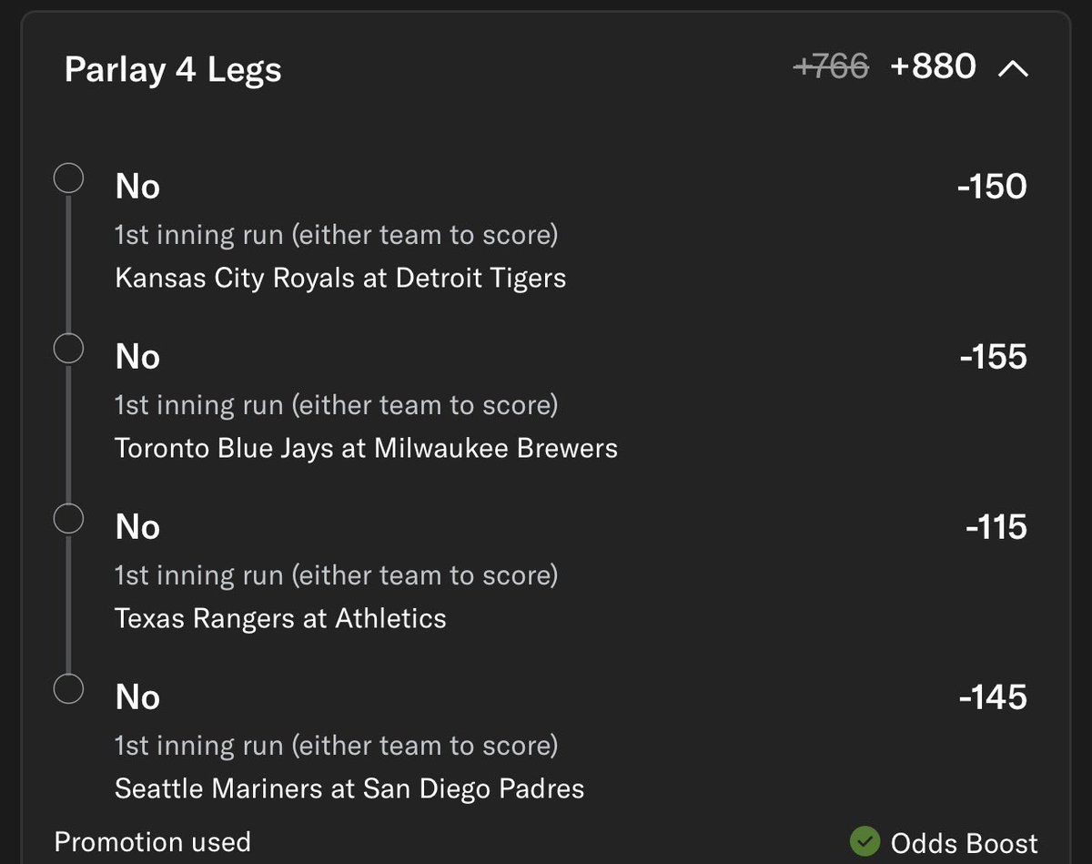 SteelMustafa412's tweet image. 🔥🌟 NO RUN FIRST INNING PLAYS 🌟🔥

9-1 on NRFI’s in April along with 3 +1000 parlay cashes 💰💰

1.4u - Mariners vs Padres NRFI (-140 #Draftkings) #TridentsUp #ForTheFaithful 

0.4u - NRFI Lay (+880 BetMGM)

Link for the lay will be in comments 🤝 #Gambling𝕏 

Run this up if