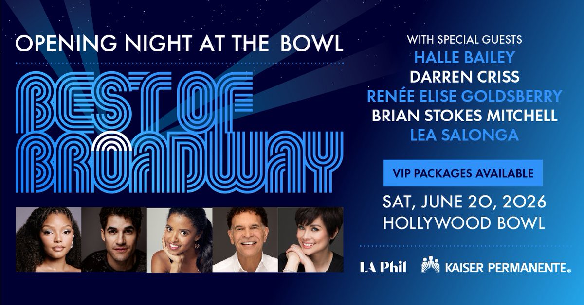 The best of Broadway is taking over the Bowl on June 20! Don't miss Halle Bailey, Darren Criss, Renée Elise Goldsberry, Brian Stokes Mitchell, and Lea Salonga as they kick off the summer season in style with Thomas Wilkins and the Hollywood Bowl Orchestra. It will be a night