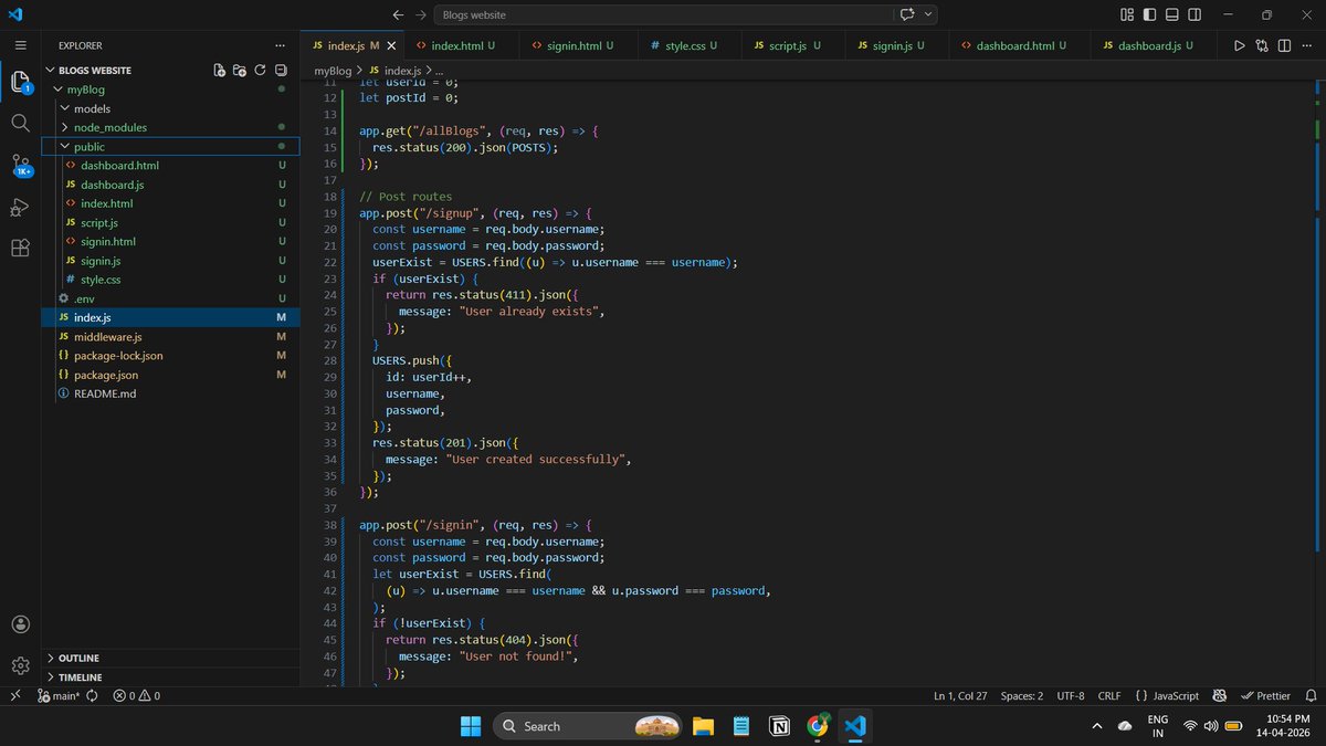 sunnyspark597's tweet photo. Day 2/60 ✅
Built the frontend & backend of a blog app today. Is it perfect? No. Is it done? Not even close. Did I learn a ton? Absolutely 🔥
Sharing the messy middle, not just the finished product.
#60DaysOfWebDev #webdev #coding #buildinpublic https://t.co/kzPht2Vl3u