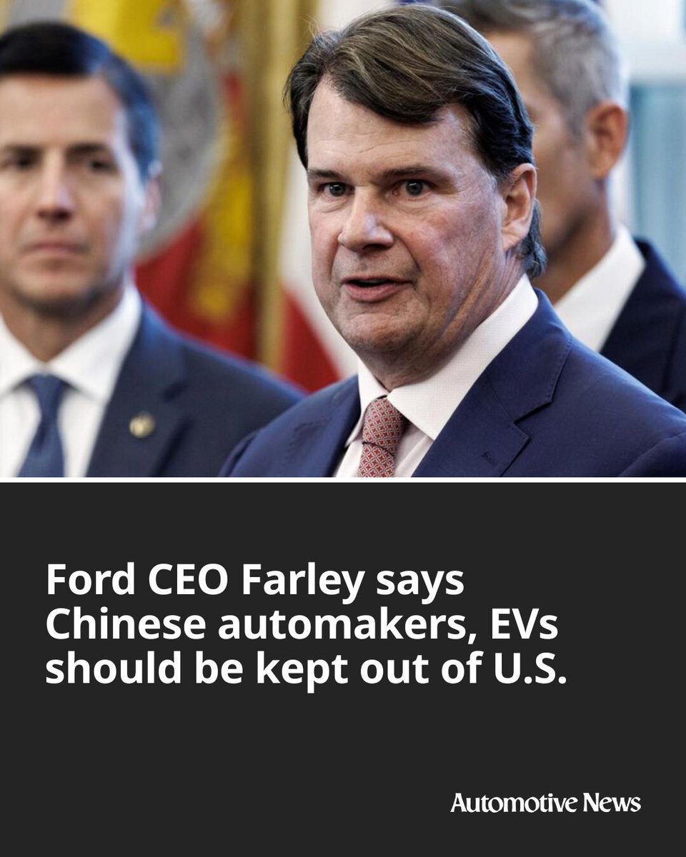 Automotive_News's tweet image. Ford Motor Co.’s top executive says allowing Chinese automakers to sell their cars in the U.S. would be “devastating” to American manufacturing.

#Ford #JimFarley #China #electricvehicles #EVs