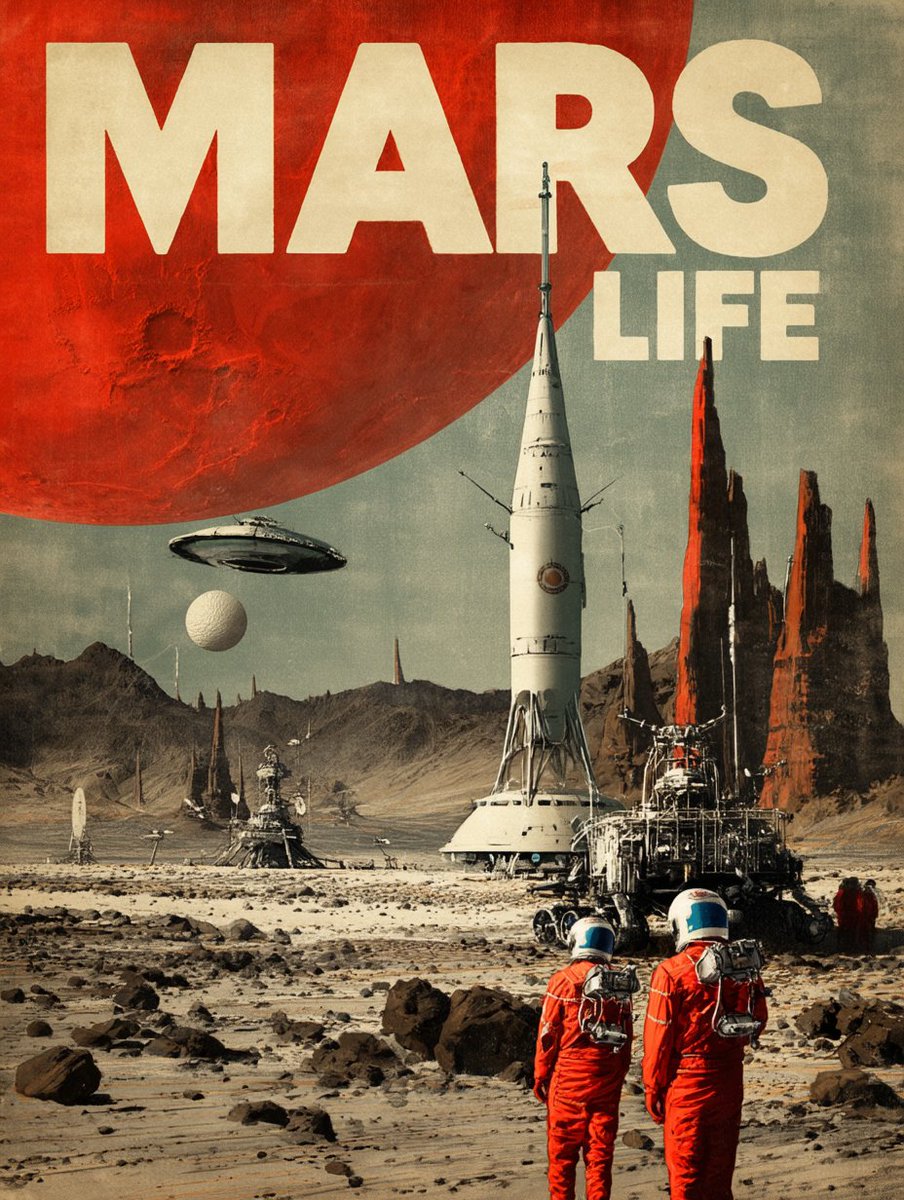 blombergphoto's tweet image. 🚀 Just landed on Mars! 🔥 Epic retro-futuristic cover of MARS LIFE magazine. Red planet rising, flying saucer, towering rocket, and astronauts in classic orange suits. Pure 1960s pulp sci-fi vibes on the Martian surface.
Who’s ready for life on Mars?
#Mars #SpaceArt #RetroSciFi