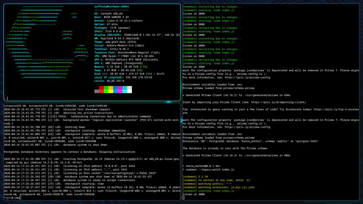 RainwareGameDev's tweet photo. Nicht so viel game coding progress ein Backend - Aber kompletter OS switch! Sieht richtig nice aus mal schauen wie produktiv ;) Arch+x11+i3 -> Cachy+wayland+hyprland #linux #hyprland #archlinux #gamedev https://t.co/kCKTcirqcx