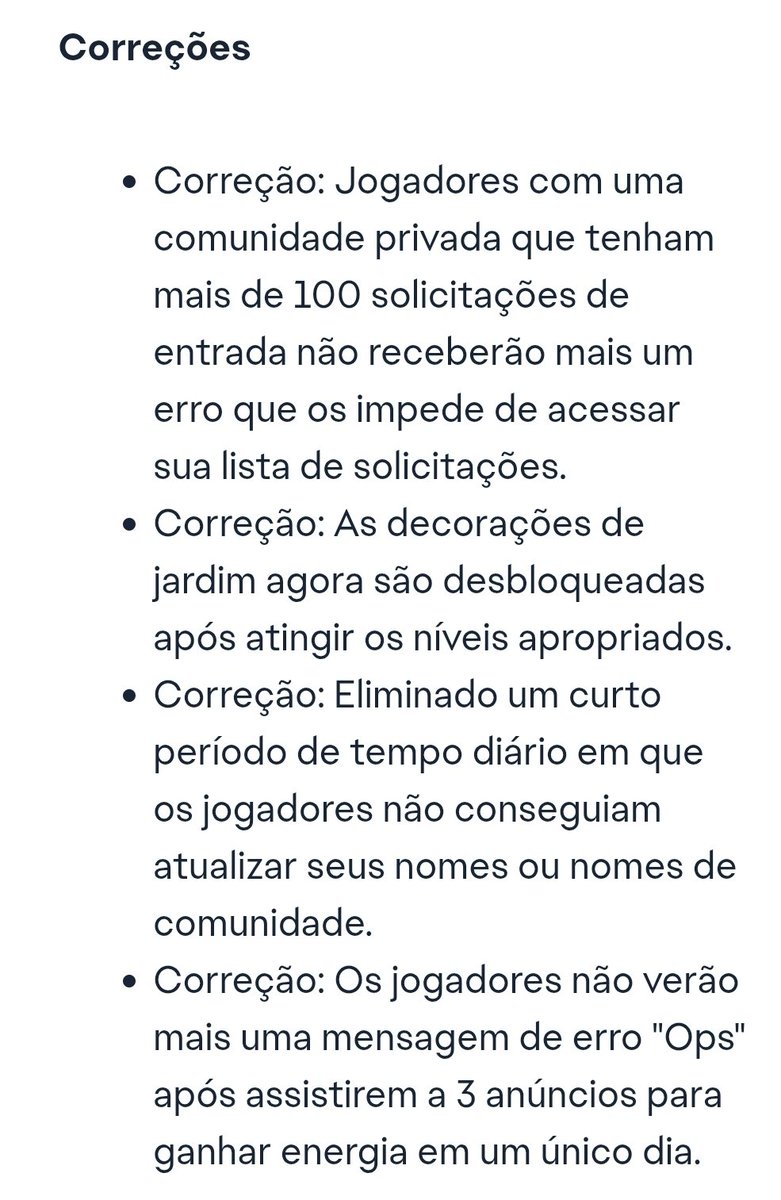 É decepção atrás de decepção.

Em 1 SEMANA cheio de críticas sobre o jogo, eles só fizeram 4 correções de bugs ridículos e deletaram 1 decoração.

Namoral depois de tudo isso se não vier uma mudança brusca nos próximos dias, é papo de desistir mesmo