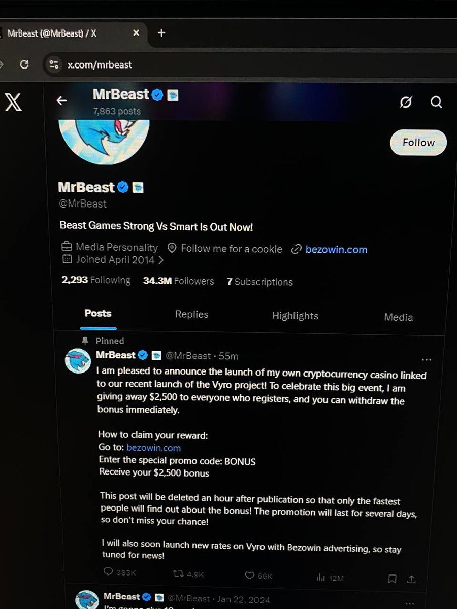 DaddySlimborg's tweet photo. @MrBeast Hi, this isn't spam, I'm just here to warn you that someone I knew on Discord sent me this. I think they were hacked, but I wanted to let you know. I don't know if it's a scam, but using their image for this doesn't seem right. Greetings from the Dominican Republic. https://t.co/Dz7MbpgYur