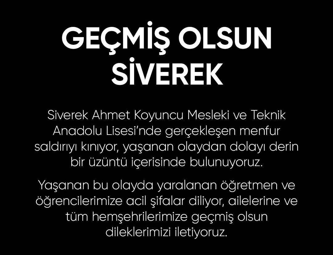 SİVEREK’TEKİ MENFUR SALDIRIYI LANETLİYORUZ

​Saldırıda yaralanan öğrenci ve öğretmenlerimize Allah'tan acil şifalar niyaz ediyoruz. Başta mağdur ailelerimiz olmak üzere, tüm Siverek halkının ve eğitim dünyamızın yanındayız.

#siverek
#Şanlıurfa

<a href="/tcmeb/">Millî Eğitim Bakanlığı</a>
<a href="/Hakkari_MEM/">Hakkari İl Milli Eğitim Müdürlüğü</a>