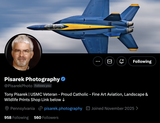 SGTWipper1Each's tweet image. Meet Tony.

Tony is a Marine who now takes amazing photos of aircraft. Make sure you connect and browse some of his work, it's really cool!

@PisarekPhoto