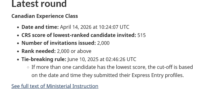 TTRRMK's tweet image. 410th Express Entry Draw - April 14, 2026 - Canadian Experience Class - 2,000 invitations to apply for permanent residence issued to applicants eligible under #CEC with a CRS of 515+ canada.ca/en/immigration… #cndimm