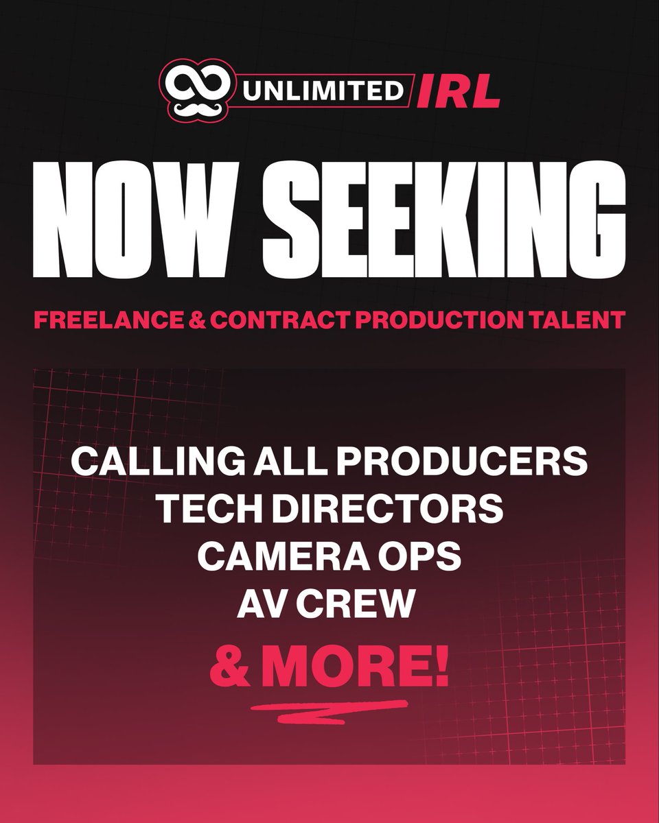 UnlimitedIRL's tweet image. UnlimitedIRL is scaling our live stream production team, and we're looking to bring on the best crew: TDs, producers, camera operators.

If this is you, please DM us! Contract, part time and full time positions available. Los Angeles and Miami preferred. #livestream #twitch
