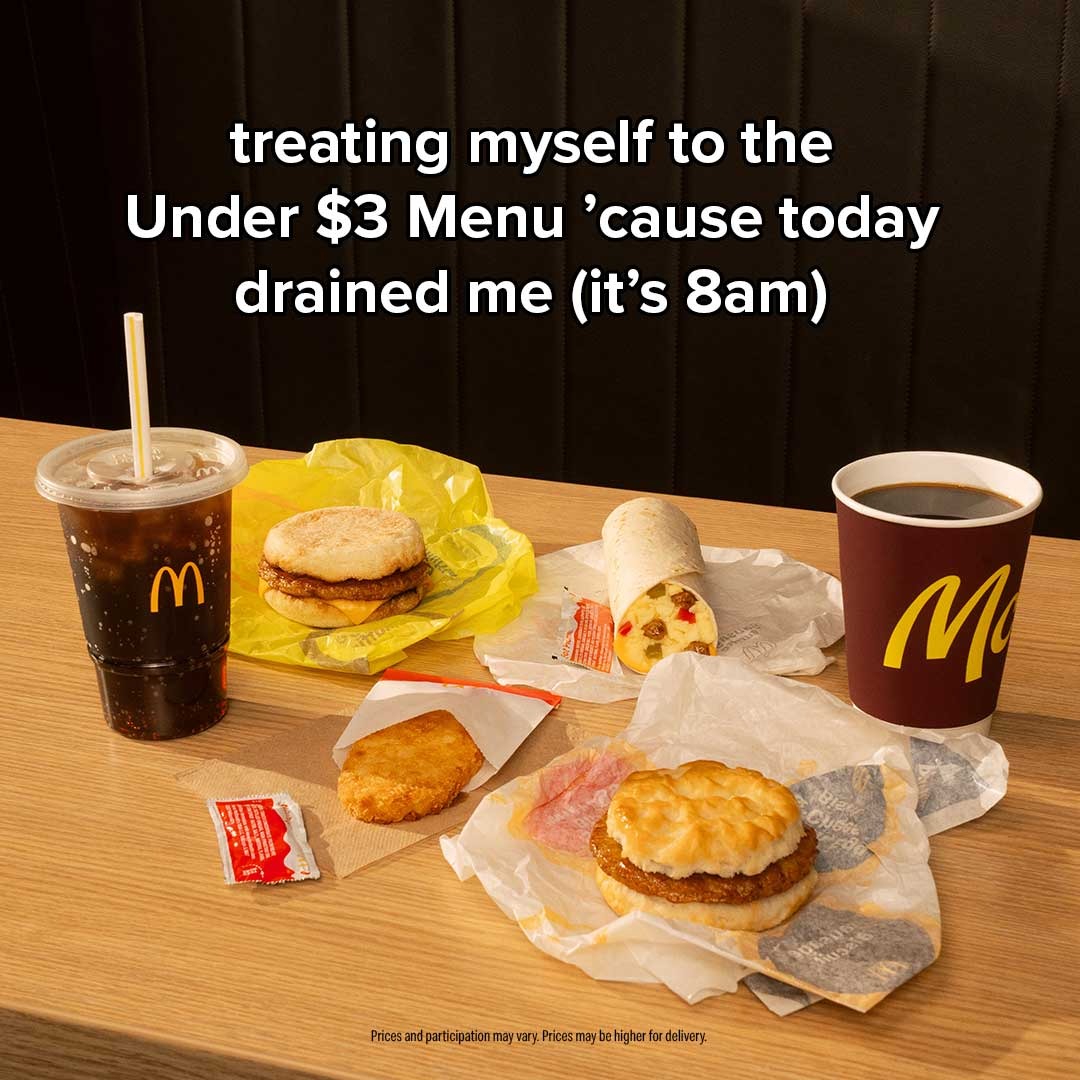 McDonalds's tweet photo. nothing like Under $3 breakfast menu &amp; going back to bed