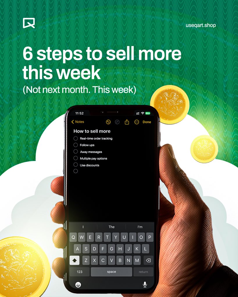 useqart's tweet photo. More Sales this week? Here are 6 ways that can help you sell more.

You are not selling less because you’re lazy, you are selling less because some things aren’t set up yet.
- Real time tracking so customers are not blowing up your DMs.
- Automatic follow ups for the people who almost bought.
- Away messages so no inquiry goes cold.
- Multiple payment options so “I couldn’t pay” stops being a reason.
- Discounts to push the ones who are sitting on the fence.
- Better product photos because people buy what they can see.

And the better news? None of this requires more hustle, just better systems. And QART already has all of them set up for you!