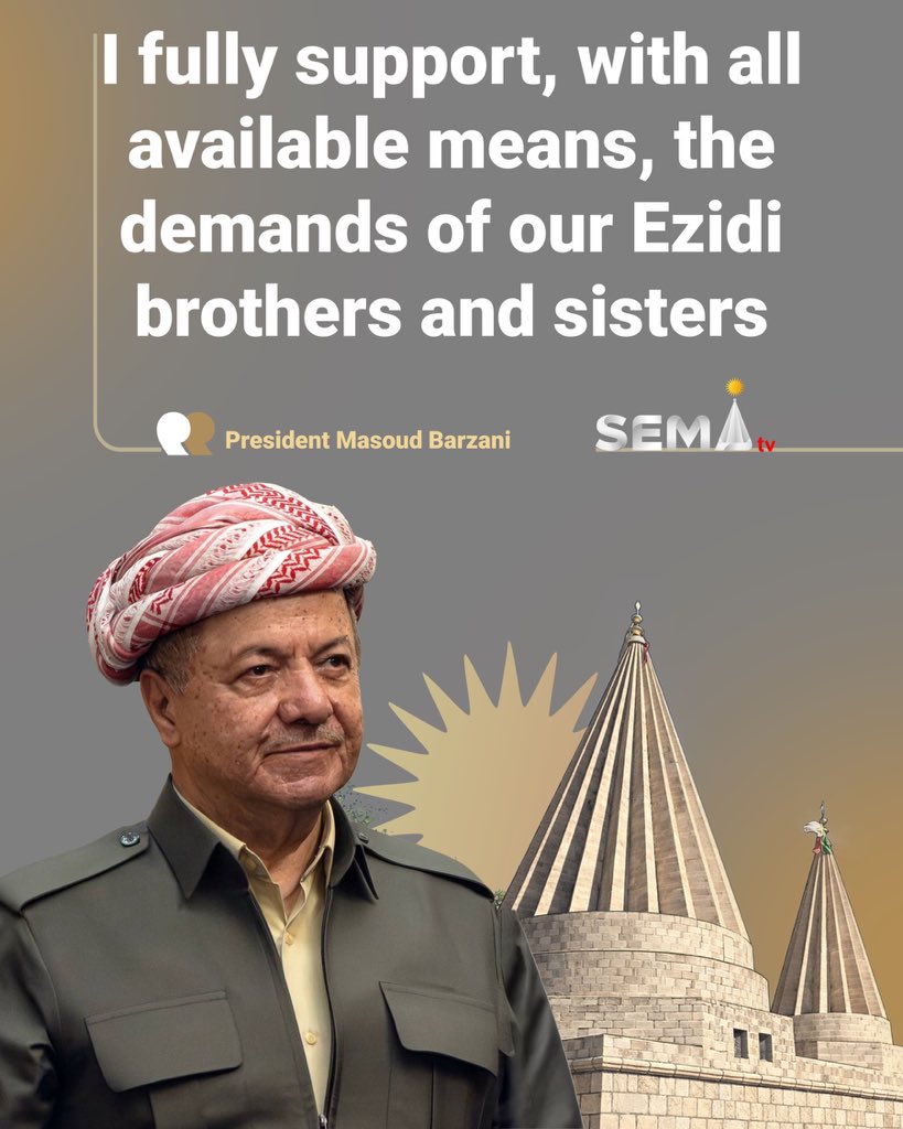 ⏹️President Masoud Barzani congratulated Ezidis on their New Year, wishing them happiness, stability, and well-being. He affirmed that Ezidis are an integral part of Kurdistan and pledged continued support for their rights and needs.