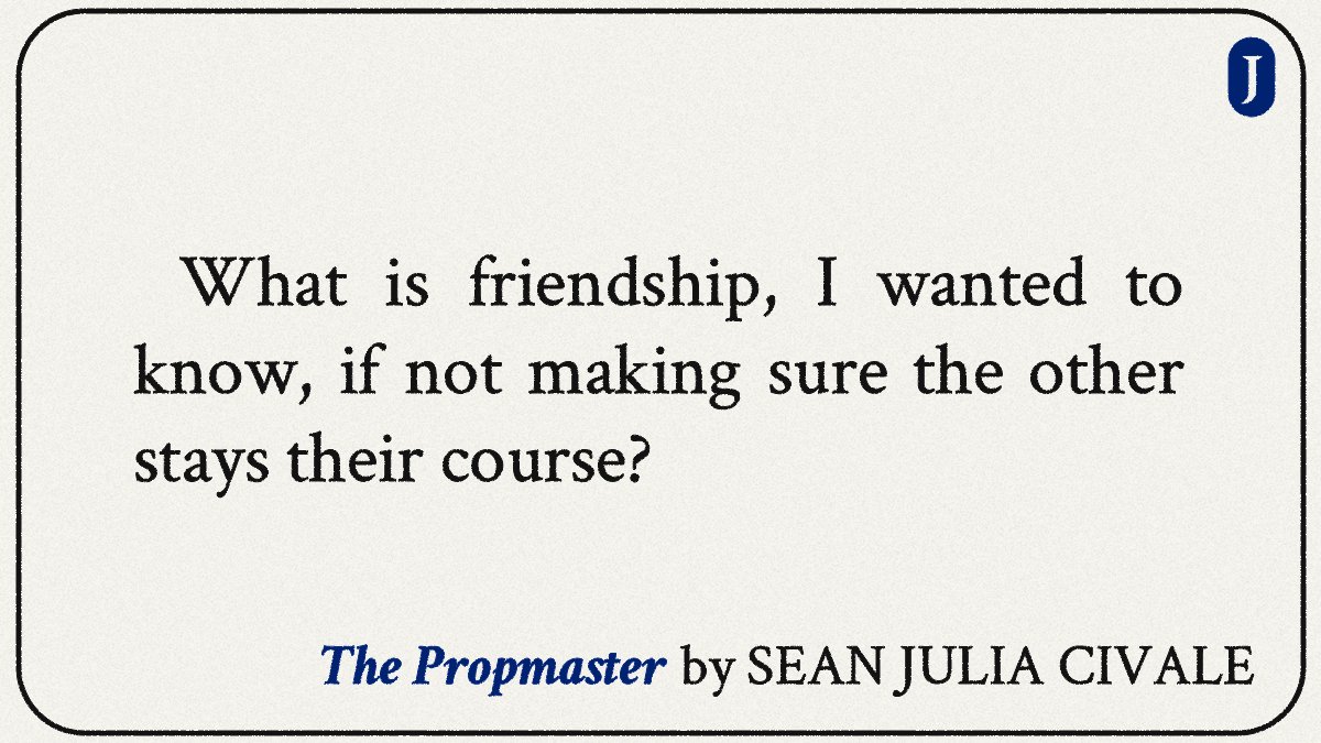 JoylandPub's tweet photo. "What is friendship, I wanted to know, if not making sure the other stays their course?"

New today in Joyland: "The Propmaster" by Sean Julia Civale. 

https://t.co/Jn0zQTYkiW https://t.co/bTqqX3J4lF