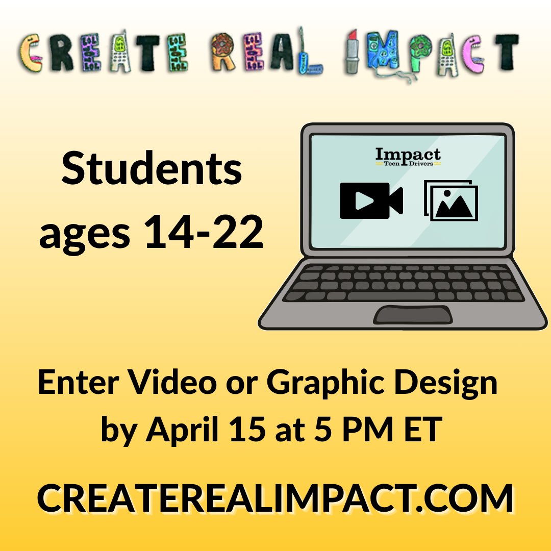 whatslethal's tweet image. Share today because the contest closes tomorrow! Students: Submit your entry to CreateRealImpact.com by April 15 at 5 PM ET. 

#Scholarships #HighSchoolStudents #CollegeStudents #EndDistractedDriving