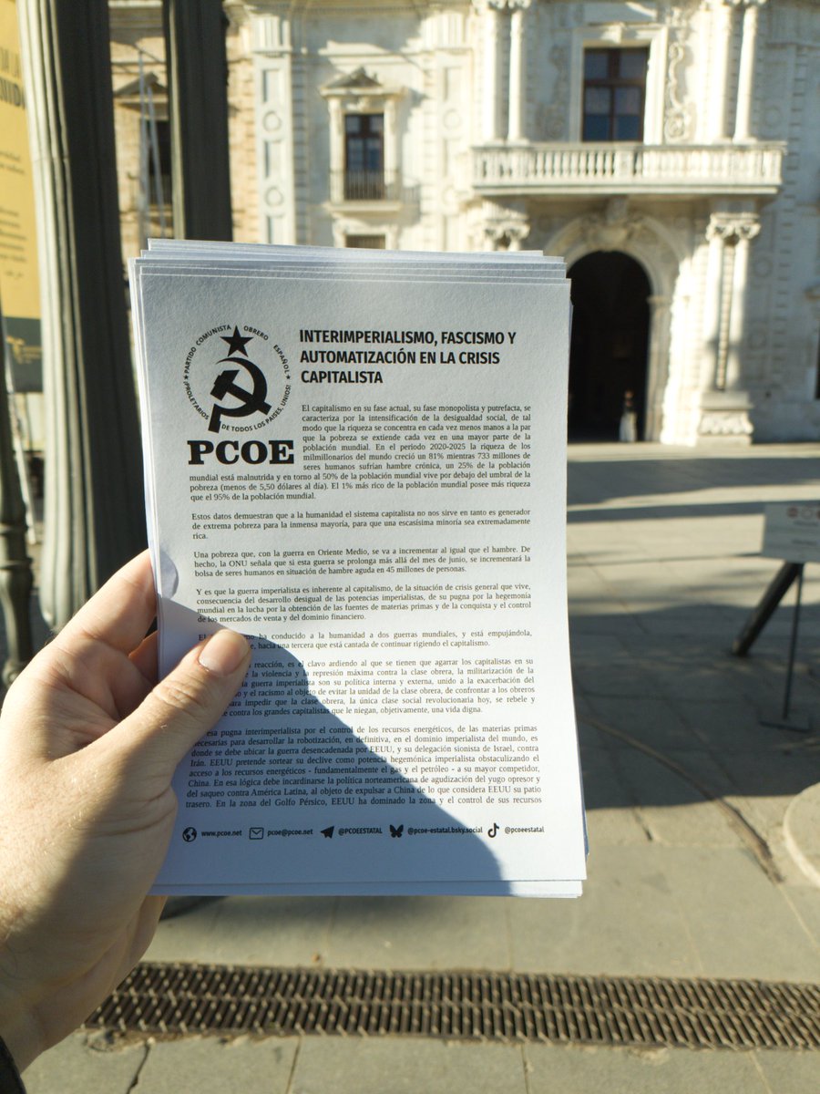 📣 AGITACIÓN Y PROPAGANDA 📣

Camaradas del PCOE  han repartido octavillas en el rectorado de la Universidad de Sevilla, sobre el interimperialismo, el fascismo y la automatización en la crisis capitalista.