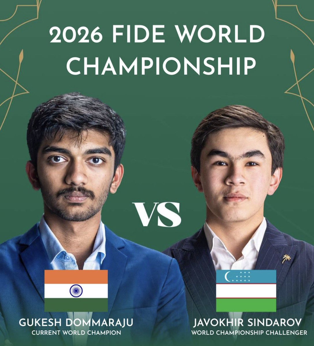 chess_feed's tweet photo. D Gukesh vs Javokhir Sindarov - who wins the 2026 World Chess Championship? ♟️ https://t.co/xHwTpoylWo