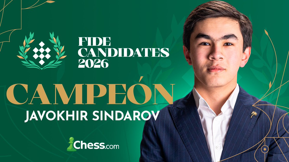 ¡𝐉𝐀𝐕𝐎𝐊𝐇𝐈𝐑 𝐒𝐈𝐍𝐃𝐀𝐑𝐎𝐕 𝐆𝐀𝐍𝐀 𝐄𝐋 𝐂𝐀𝐍𝐃𝐈𝐃𝐀𝐓𝐎𝐒 𝐀 𝐅𝐀𝐋𝐓𝐀 𝐃𝐄 𝐔𝐍𝐀 𝐑𝐎𝐍𝐃𝐀!🏆

Con solo 20 años e invicto (por ahora), Sindarov hace historia: ¡desafiará a Gukesh en el Mundial más joven de todos los tiempos!