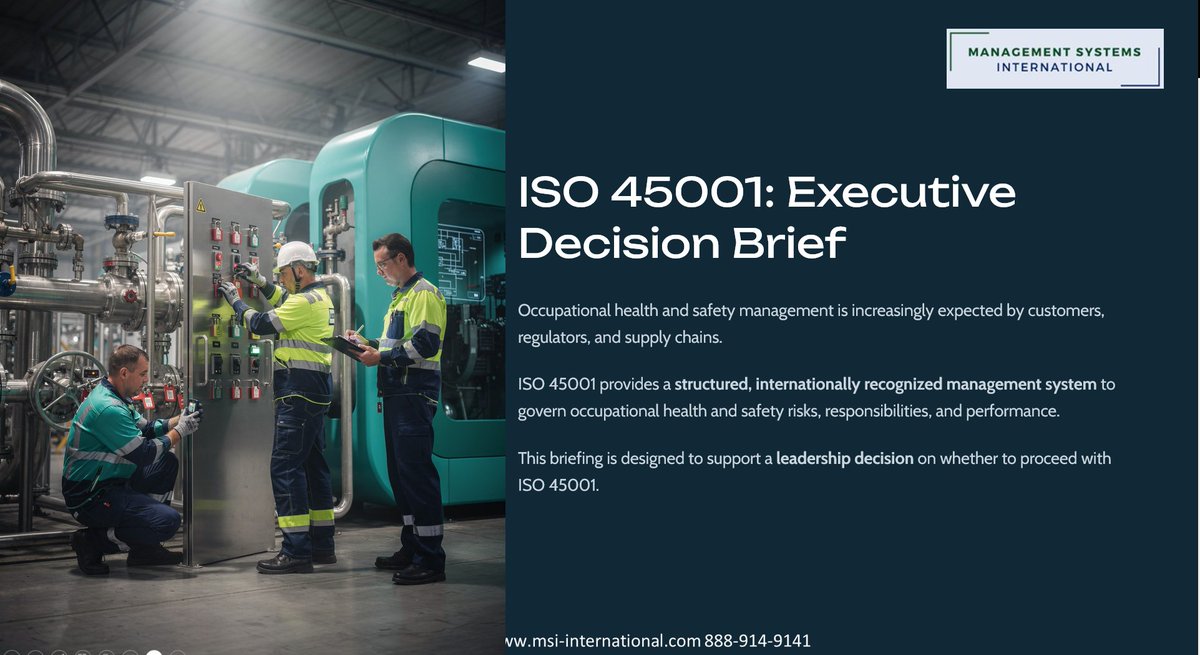 ISO_AS_Expert's tweet photo. ISO 45001 Executive Decision Brief A workplace incident costs far more than ISO 45001 certification. Free 16-minute brief for leadership teams ready to get serious about worker safety. https://t.co/sB7ObGVsnF via @YouTube https://t.co/0AON7fxlWU