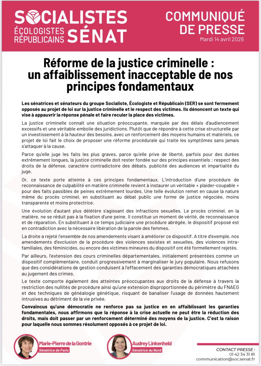 A_Linkenheld's tweet photo. #PJLJusticeCriminelle
🏛️ Avec les @senateursPS nous avons refusé un texte qui ne propose comme réponse à l’engorgement de notre système judiciaire qu’une fuite en avant procédurale, où la logique gestionnaire prime sur la logique humaine ⚖️. https://t.co/UZSjQ2LjgG
