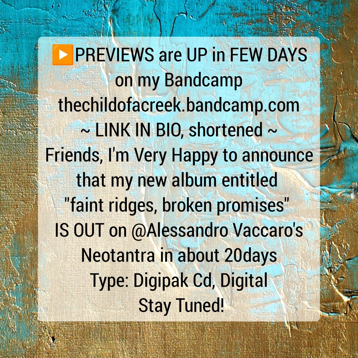 CreekChild78's tweet image. thechildofacreek.bandcamp.com

@loveelectronic @electronicmusic @ElecMusicCafe @_ambientmusic @AmbientUploads @IDM_US @LoungeChill @Bandcamp #Previews