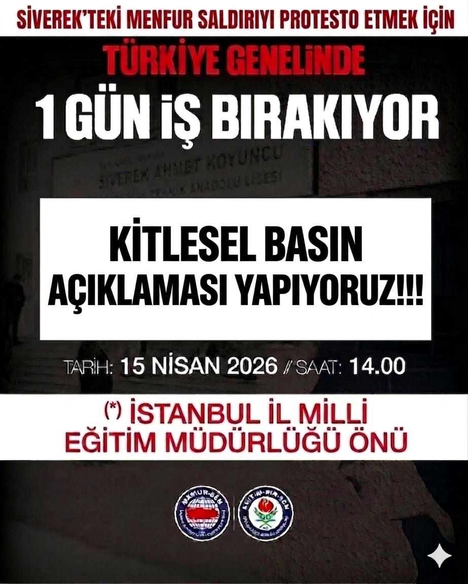 ErmisErol's tweet photo. ♦️♦️EYLEME DAVET ♦️♦️

Şanlıurfa Siverek'te gerçekleşen ve 16 canımızın yaralanmasına sebep olan menfur saldırıyı protesto etmek ve okullarda yaşanan şiddet olaylarına dikkat çekmek için bir gün iş bırakıyor ve kitlesel basın açıklaması yapıyoruz.

📍 Yer: İstanbul İl Millî Eğitim Müdürlüğü Önü
🕒 Saat: 14:00
📅 Tarih: 15 Nisan 2026 Çarşamba 

Tüm üyelerimiz davetlidir.

@anadoluajansi
@ihacomtr 
@dhainternet 
@trthaber @trt @ntv 
@cnnturk @Haberturk @akittv @kanal7 @KanalD @yenisafak
