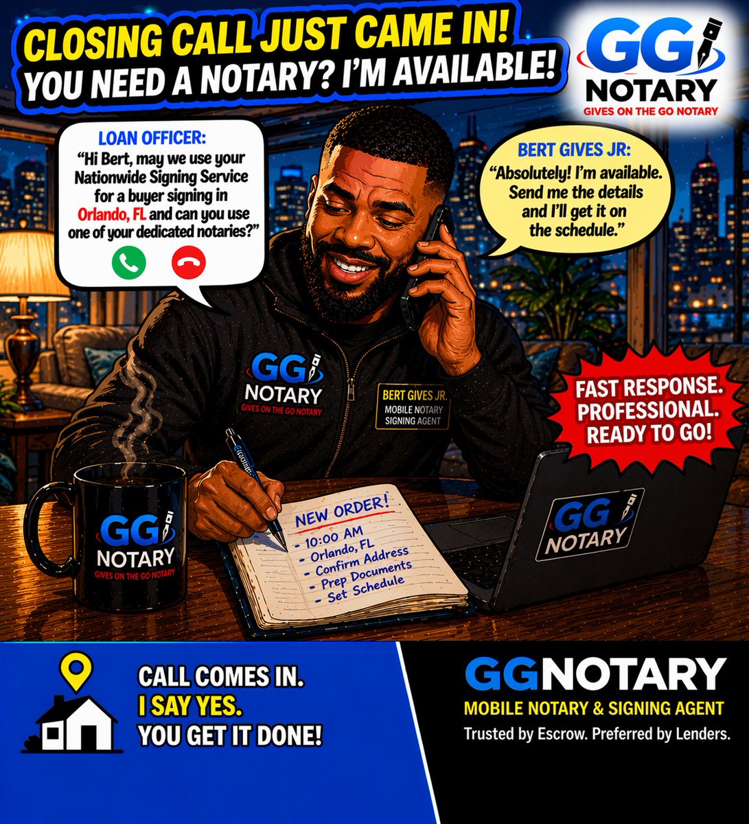 bkbert23's tweet photo. “Can we use your Nationwide Signing Service for a signing in Orlando, FL?”

Absolutely.

We assign vetted notaries and get it handled — professionally and on time.

GGNotary — Nationwide coverage. Reliable results.

#GGNotary #SigningService #MobileNotary #LoanSign https://t.co/cVO3wRWhFH