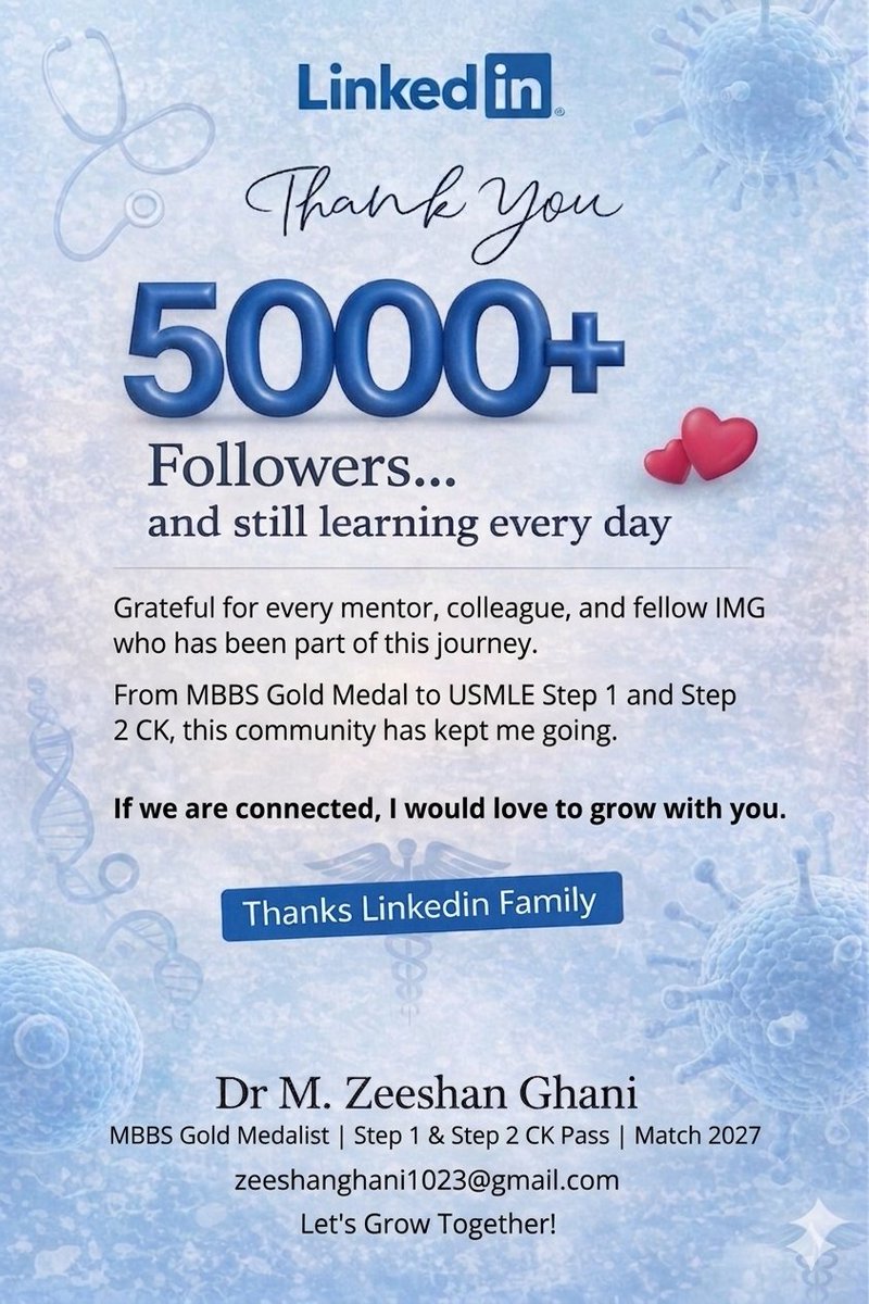Zeeshan_Ghani24's tweet image. 5,000 followers on LinkedIn. Same guy. Zero clue when I started.

MBBS Gold Medal. Step 1 pass. Step 2 CK pass. House job running. Match 2027 loading.

To every IMG who follows, supports, and DMs me: you keep me going.

Let's keep building.

#Match2027 #USMLE #IMGStrong