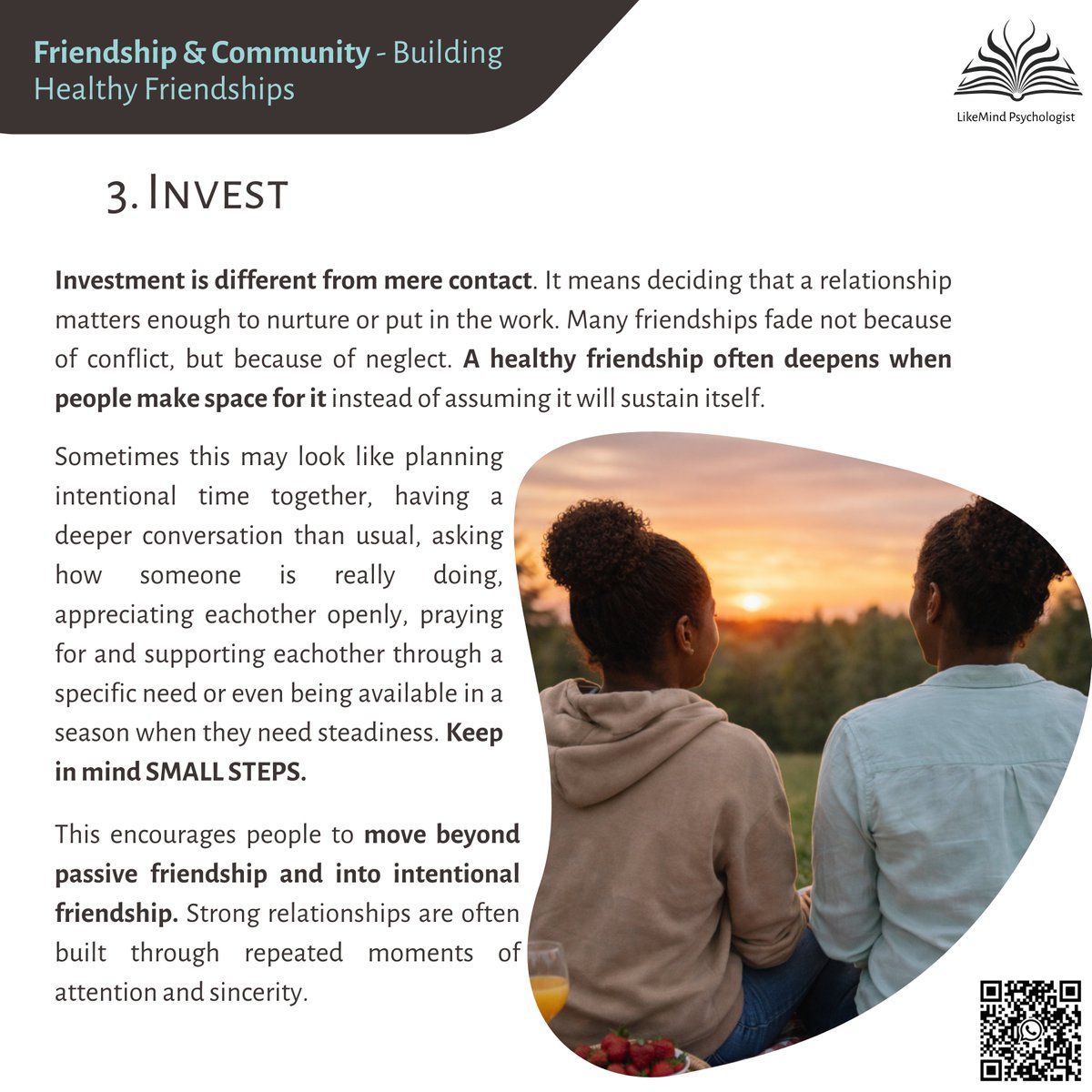 LMPsychologist's tweet photo. WEEK 2: BUILDING HEALTHY FRIENDSHIPS

This week in our April theme Friendship & Community, we are focusing on the kind of friendships that help us feel safe, supported, encouraged, and valued. Healthy relationships do not just happen on their own. They are built through honesty, kindness, trust, consistency, and mutual care.

This week invites us to slow down and reflect on the kind of relationships we are building and the kind of friend we are becoming. Strong friendships are often formed in simple but meaningful moments — checking in, listening well, being honest, keeping your word, and showing care intentionally.

follow the pocket cards below to guide you through the week's steps 

#FriendshipAndCommunity 
#LikeMindPsychologist 
#HealthyRelationships 
#FaithAndMentalHealth