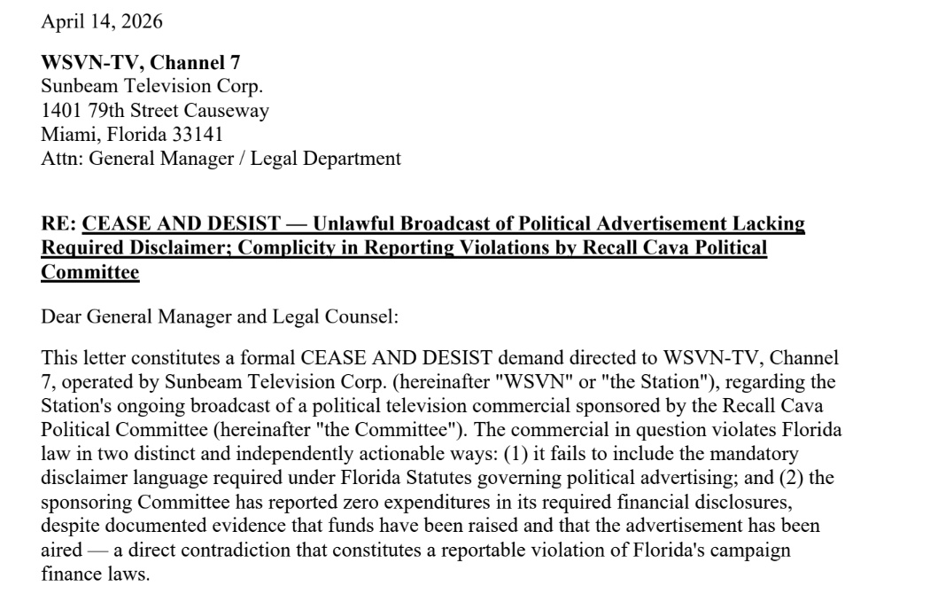 Recall Cava PAC airing a 15-second spot to get signatures for its recall petition. (Narrator mispronounces Levine Cava's name.) Levine Cava's PAC demanding WSVN take down the ad bc it doesn't have the full legal language with its paid-for disclaimer vimeo.com/1183042005?sha…