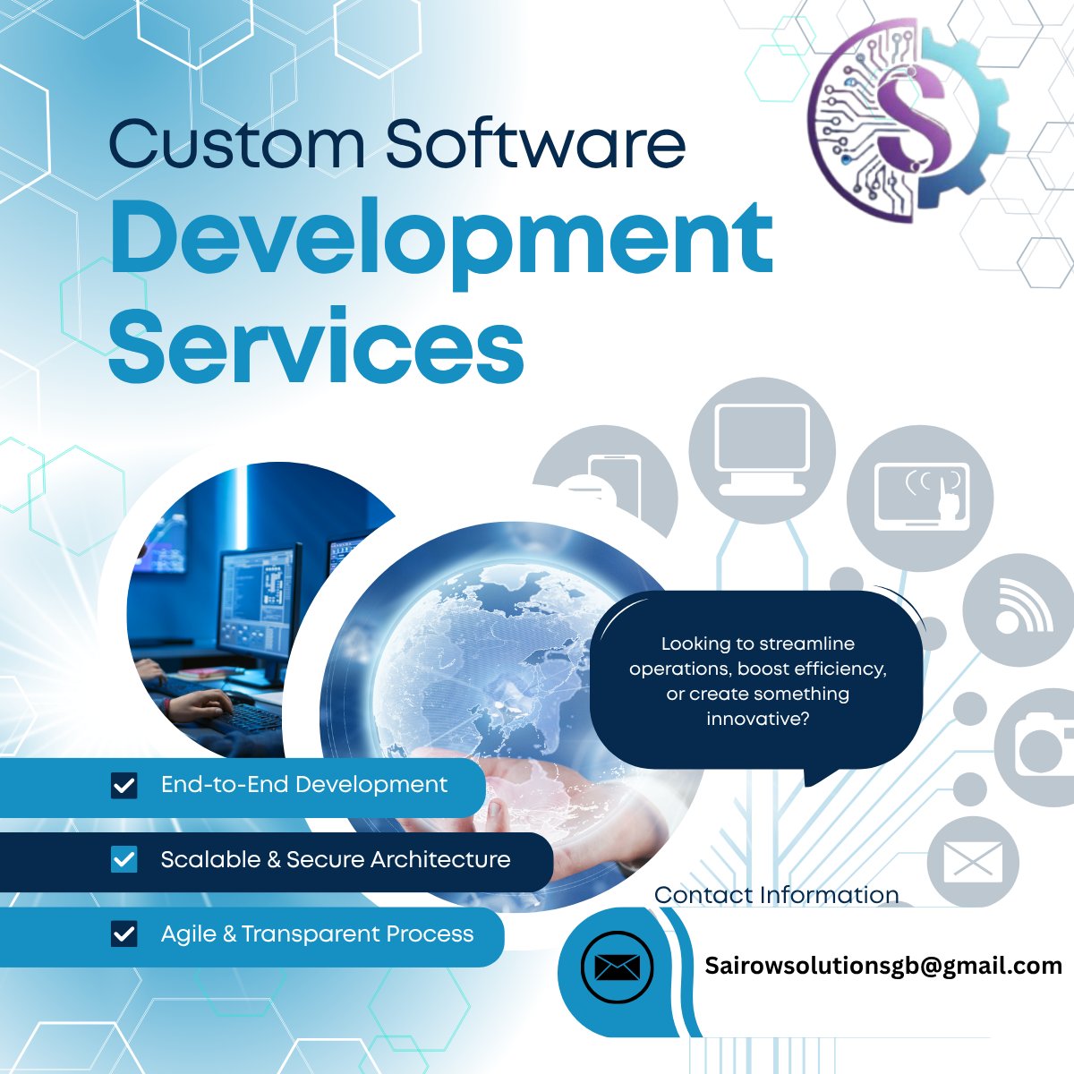 SSolutions66680's tweet image. Need custom software for your business?

We deliver:
 End-to-End Development
 Scalable &amp;amp; Secure Systems
 Agile Process
Let’s build your next big solution
#SoftwareDevelopment 
#CustomSoftware 
#Tech
 #Innovation
 #BusinessGrowth