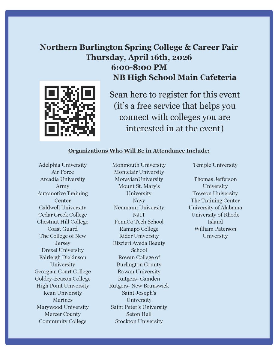 nbcrsd's tweet photo. This Thursday...

The NB College and Career Fair is back and bigger than ever! 
The event will take place in the high school's main cafe from 6 to 8 PM on Thursday, April 16th. 

Students and community members are welcome! https://t.co/VEbAHDwypg