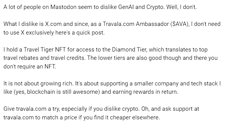 hcvst's tweet image. @AVAFoundation and @Travalacom I think it is time to open an account on #Mastodon and leave the ugly world of X behind. $AVA
