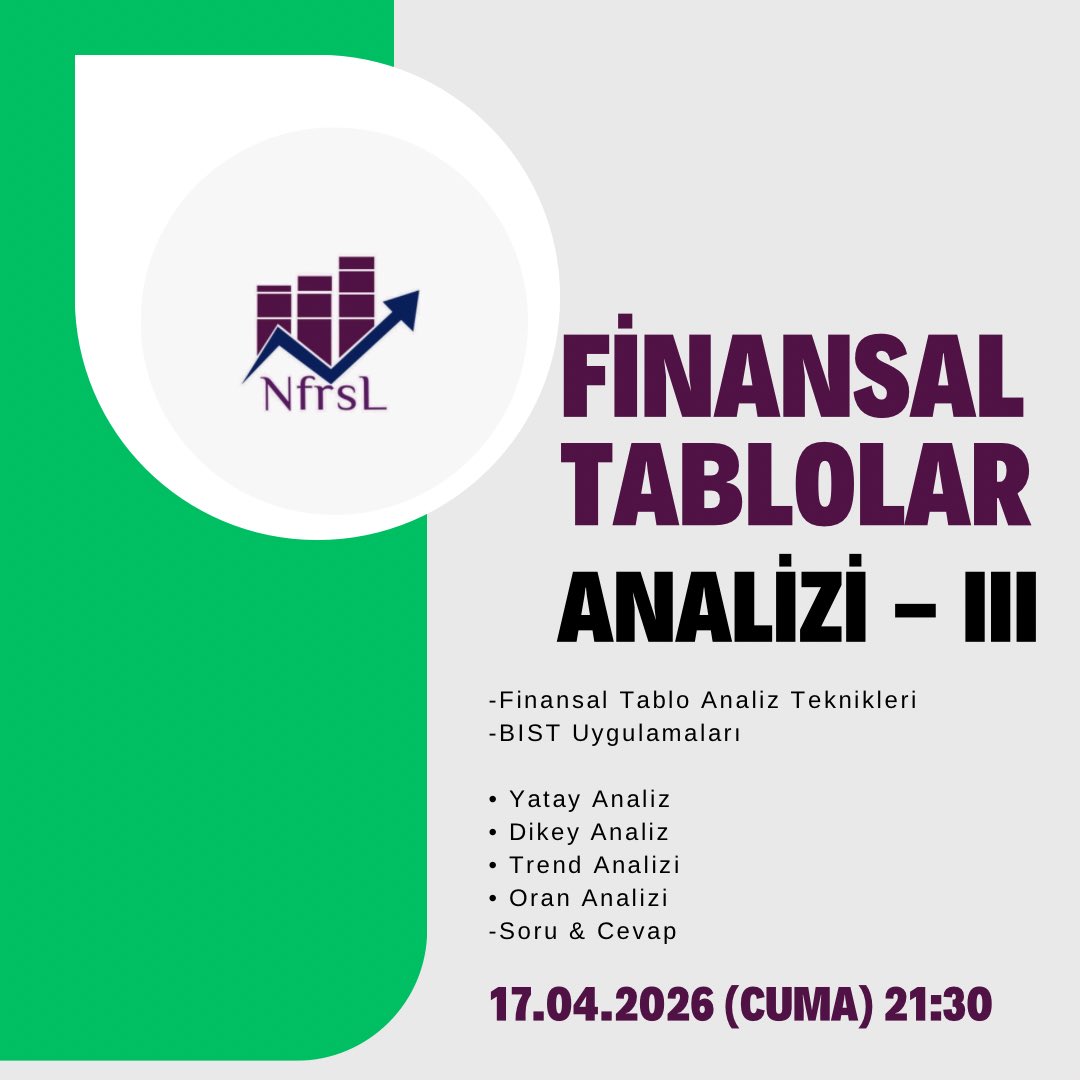 FİNANSAL GELİŞİM EĞİTİMİ

Finansal Tablolar Analizi - III

Finansal Tablo Analiz Teknikleri ve BIST Uygulamaları

Yatay Analiz 
Dikey Analiz
Trend Analizi
Oran Analizi

Soru &amp; Cevap 17.04.2026 (CUMA) 21:30