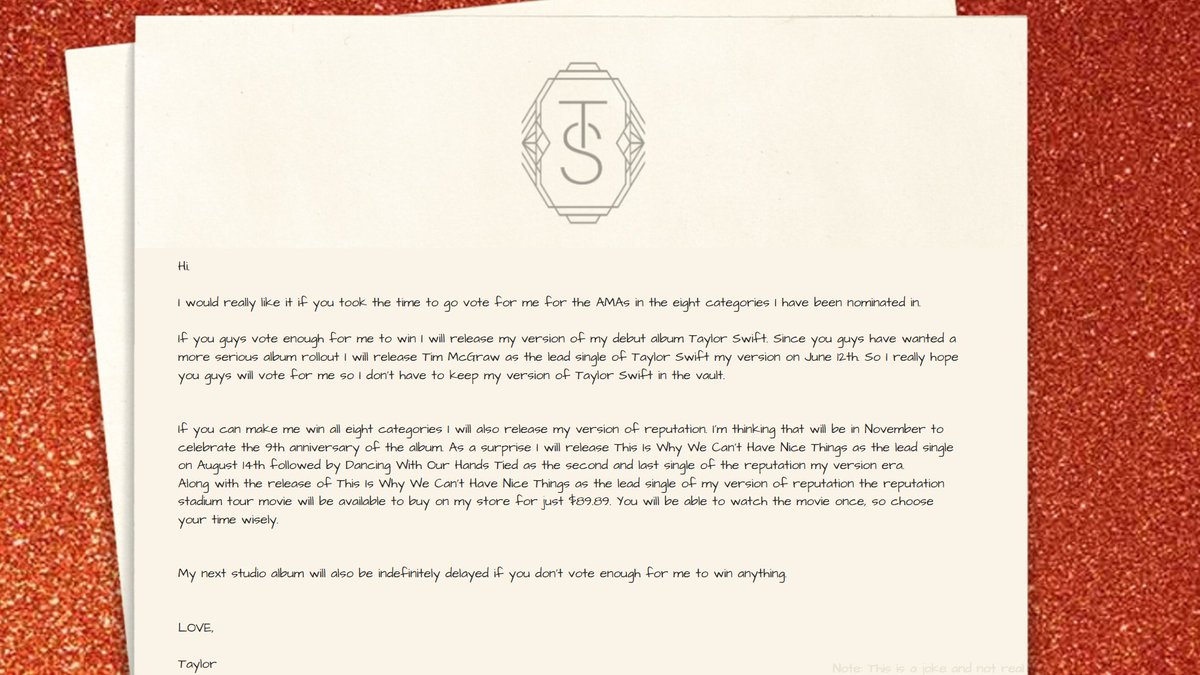 🚨 Taylor Swift's letter on her site has just been updated 🚨

In it she states: "I will release my version of my debut album Taylor Swift."

She also asks fans to vote for her for the AMAs.