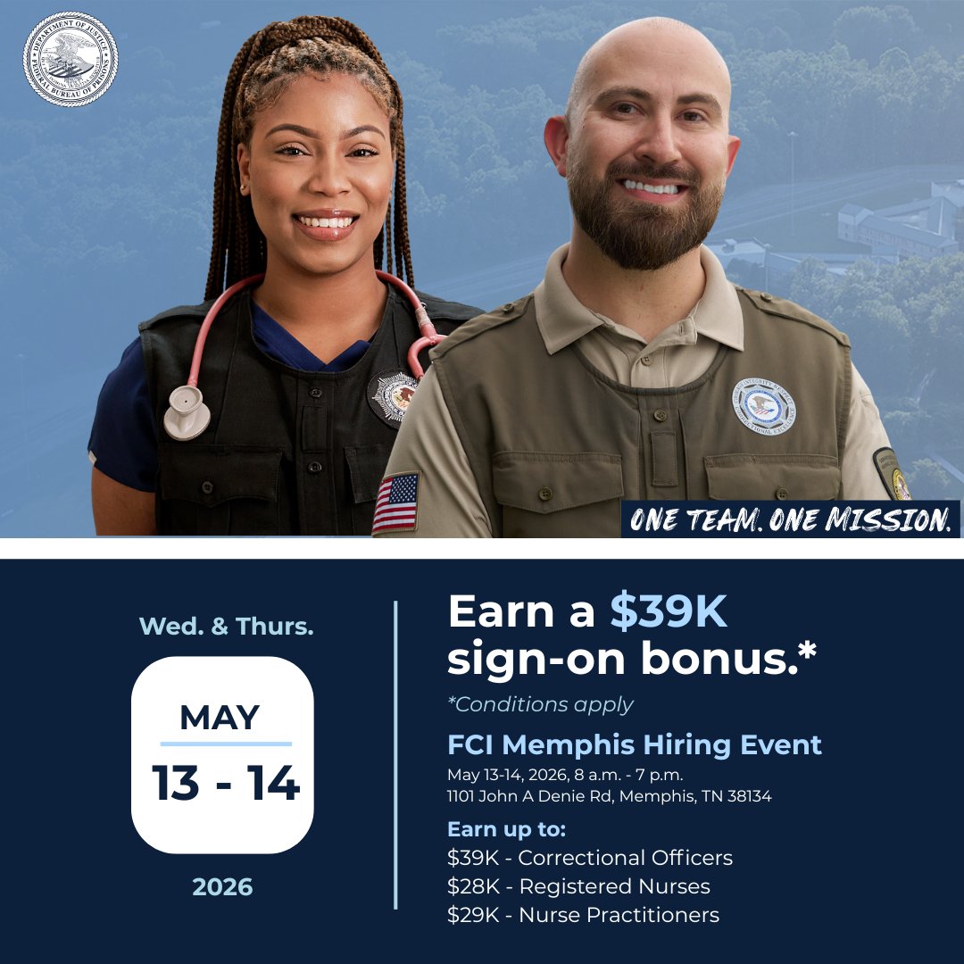BOPCareers's tweet image. Join our team in Memphis, TN as a Correctional Officer, Registered Nurse or Nurse Practitioner. Learn how to qualify for a sign-on bonus up to $39K at our upcoming hiring event. 

RSVP now - careers.bop.gov/s/get-updates?…

#memphis #memphisevents #tennessee #tennesseeevents #recruiting
