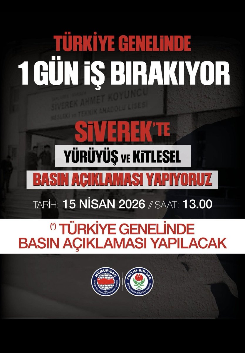 Solhan_EBS's tweet photo. Şarlıurfa'da bir okulda meydana gelen elim olaydan ötürü 15.04.2026 tarihinde ülke genelinde bir gün iş bırakma, Urfa'da yürüyüş ve ülke geneli basın açıklaması eylem kararı alınmıştır.
#EğitimdeŞiddeteHayır https://t.co/LJzGmeuN3w
